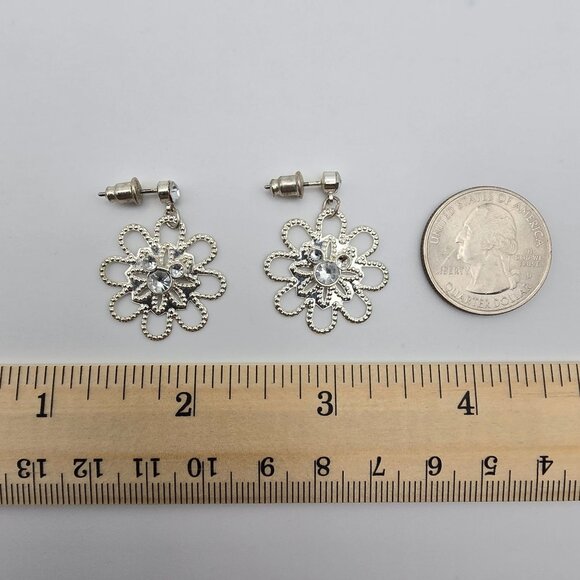 Women's Silver-Tone Dangle Drop Riveted Metal Rhinestone Center Floral Earrings - Picture 9 of 9